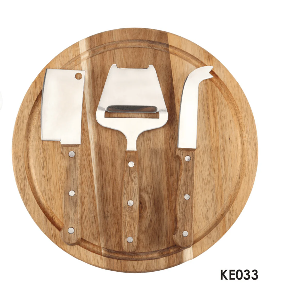 4 Piece Round Acacia Wood Cutting Board with Cheese Knives