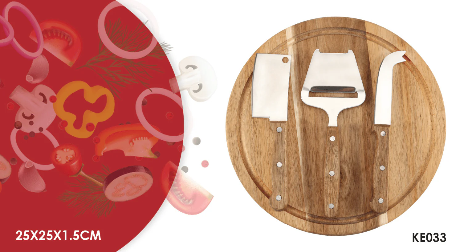 4 Piece Round Acacia Wood Cutting Board with Cheese Knives - Image 2
