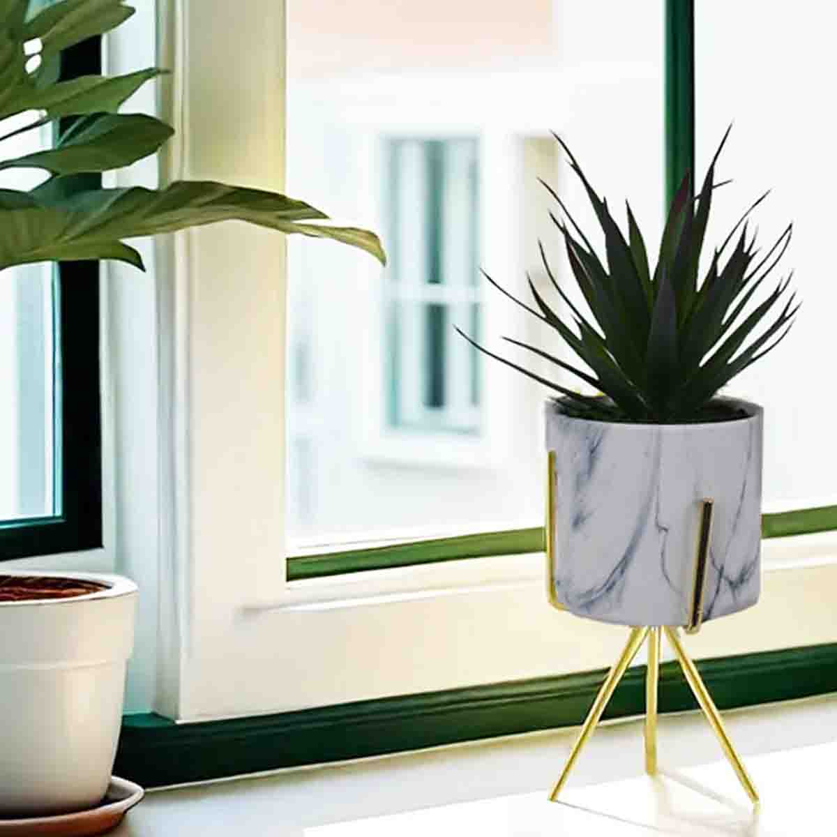 Artificial Succulent Plant in White Marble Ceramic pot with gold Metal Stand - Image 2