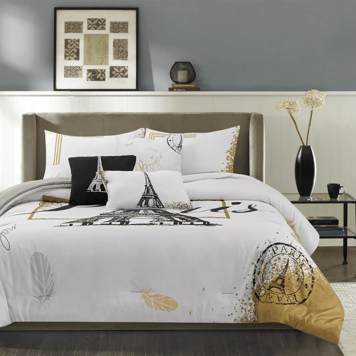Elise 6pc Comforter Set White/black/gold Paris