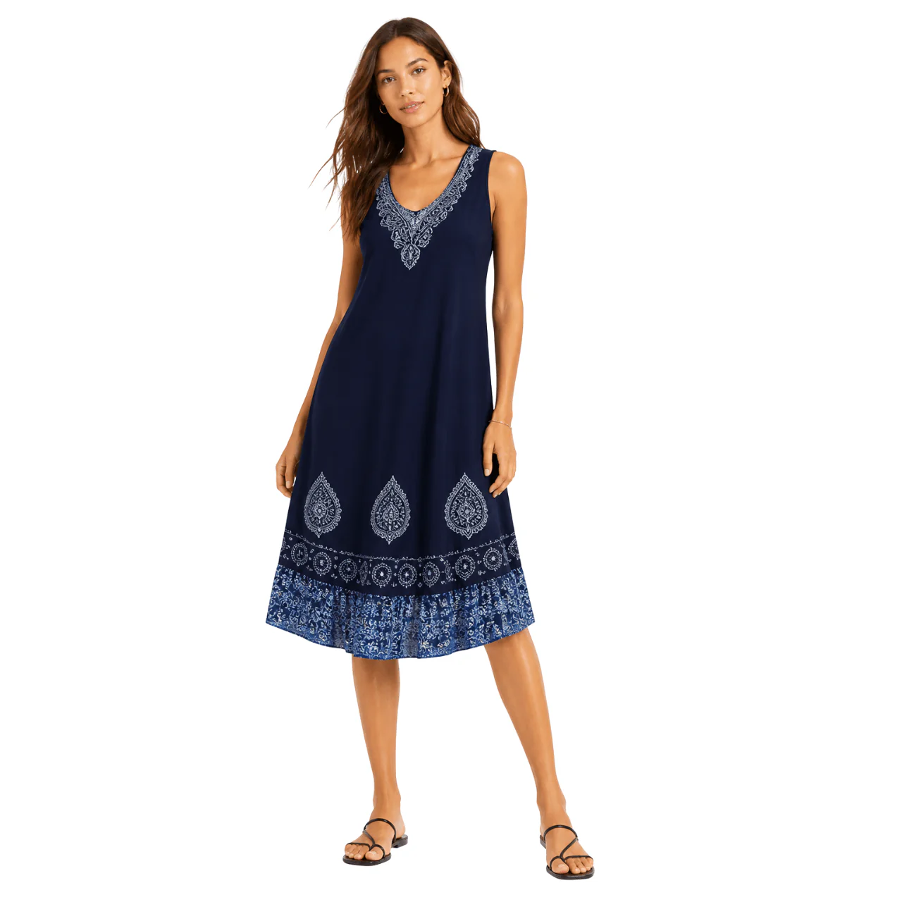 Embroidered V-Neck Sleeveless Midi Dress