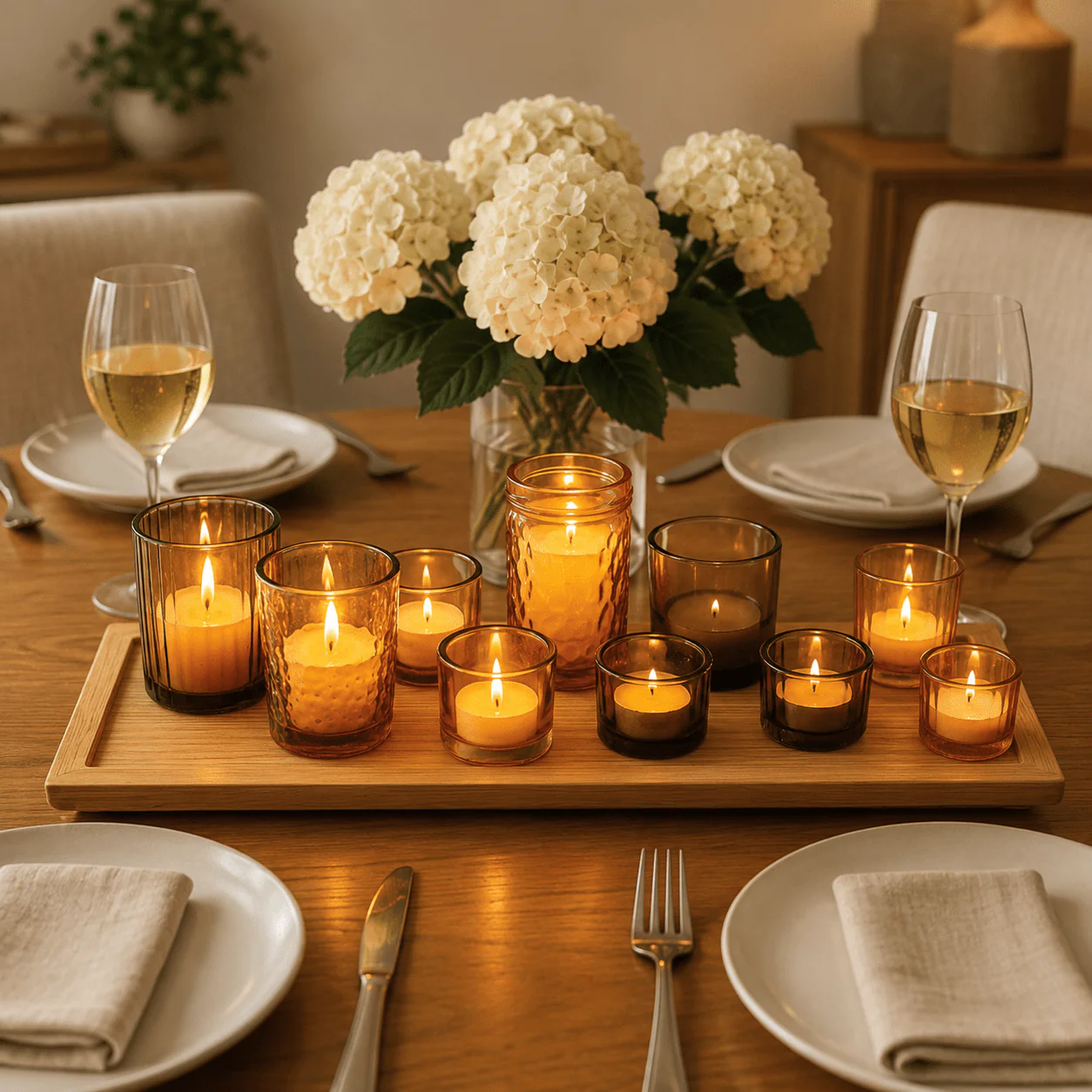 Golden Khaki Glass Candle Holders on Wooden Tray – 9 Piece Set