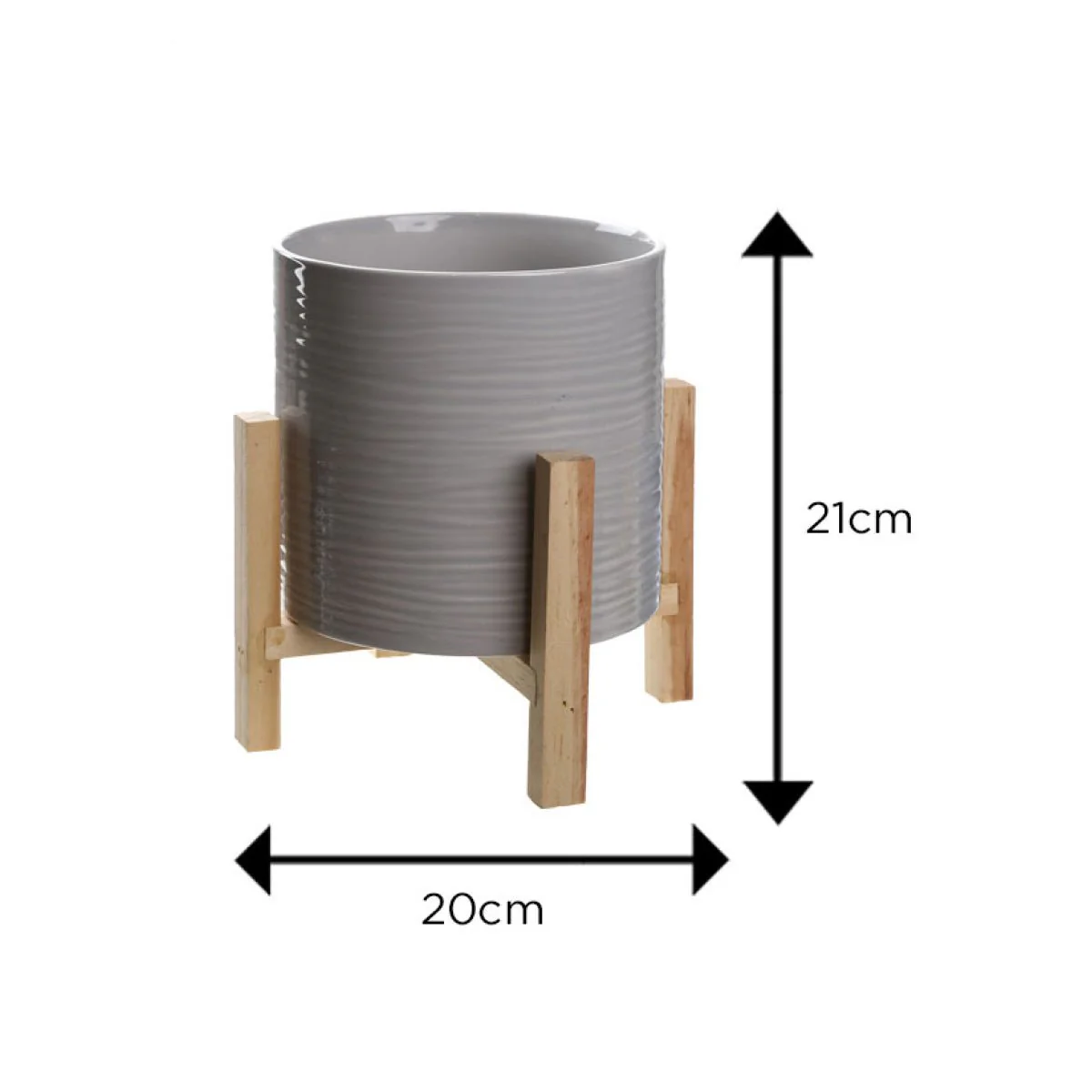Grey textured ceramic planter on wooden stand (21 x 20 cm) - Image 2