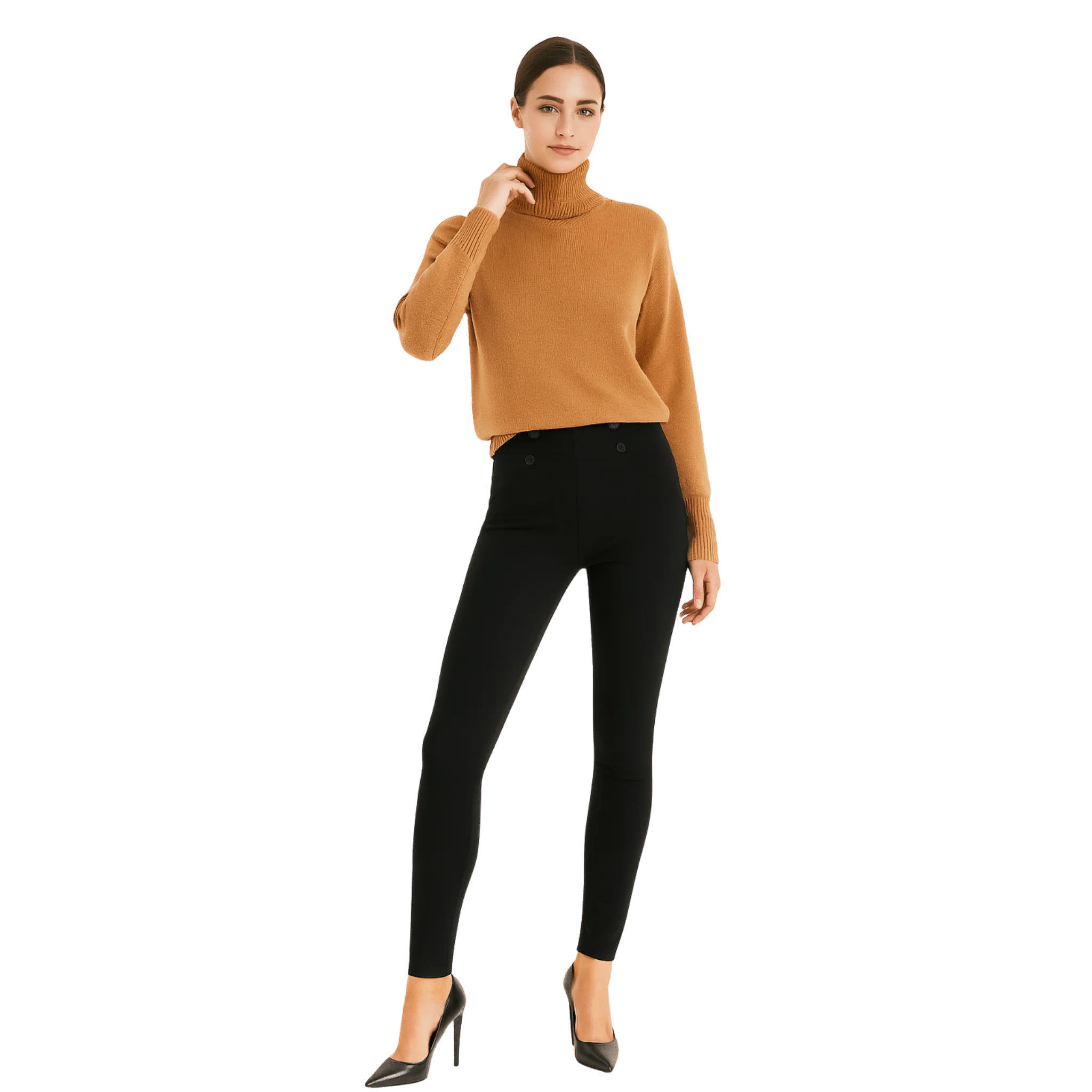 High-Waisted Slim Pants with Button Detail