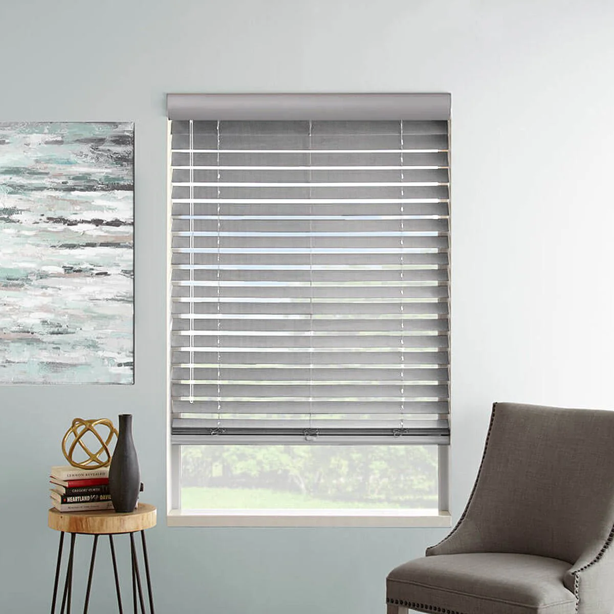 Horizontal Faux Wood Cordless PVC Blinds | Grey - Image 2