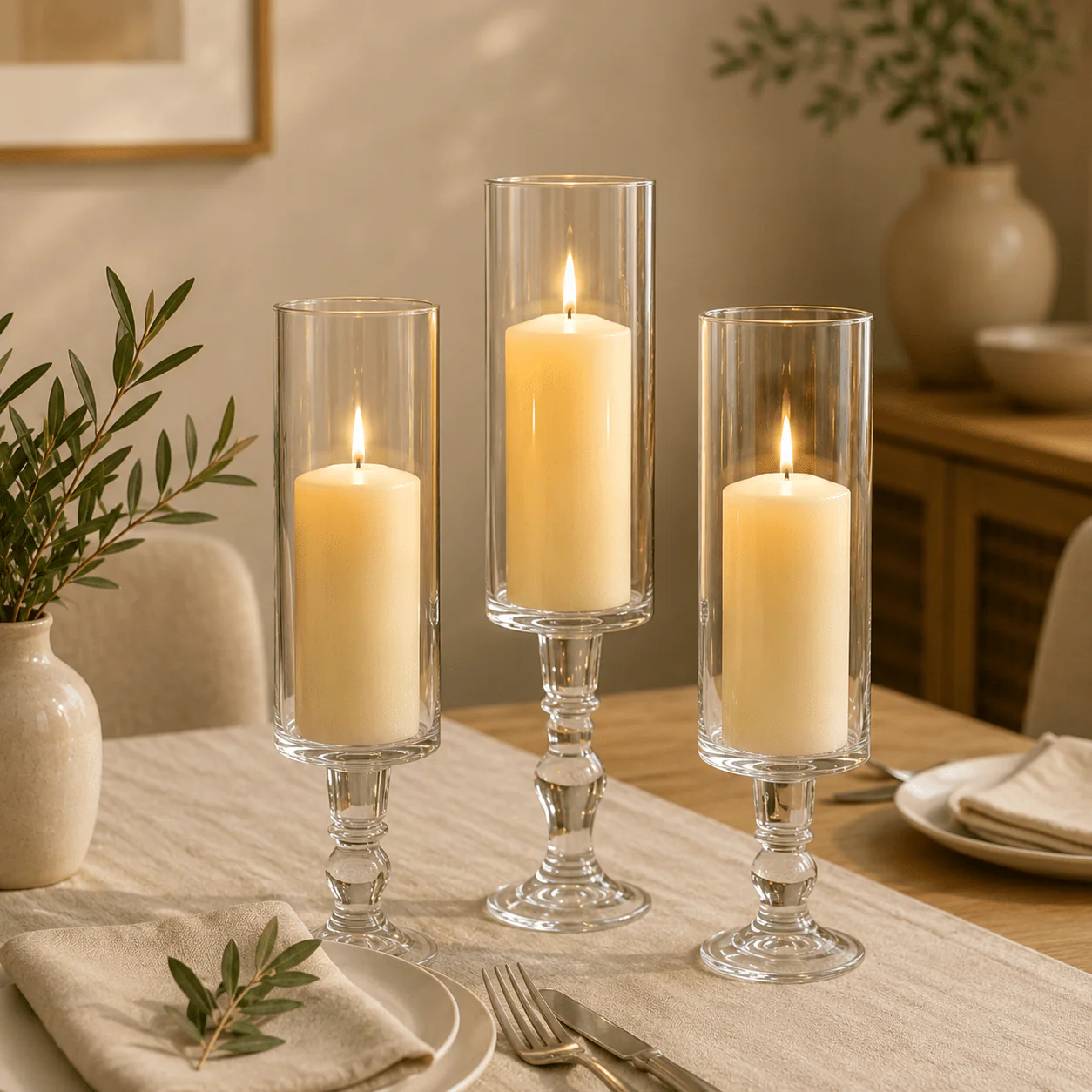 Set of 3 Tall Glass Candle Holders – Duo Taper Pillar