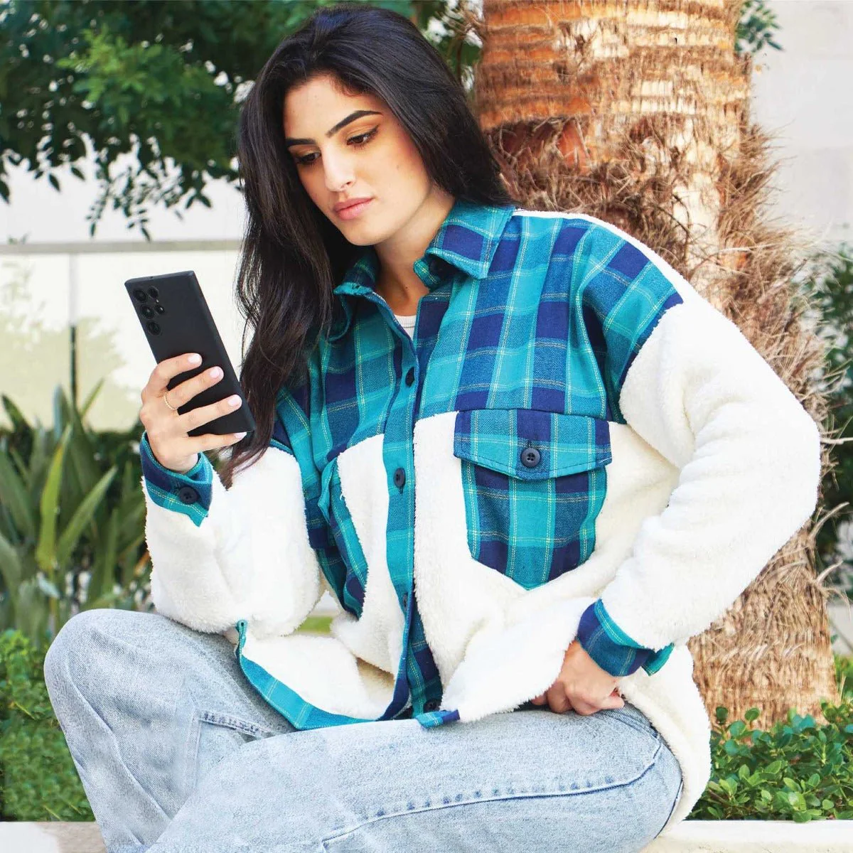 Sherpa Jacket With Plaid Details