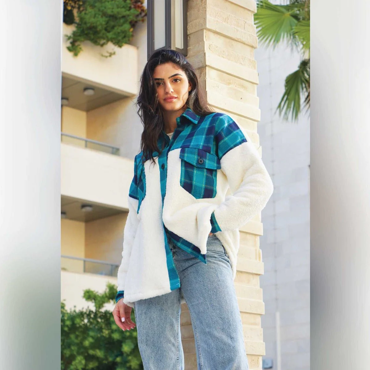 Sherpa Jacket With Plaid Details - Image 2