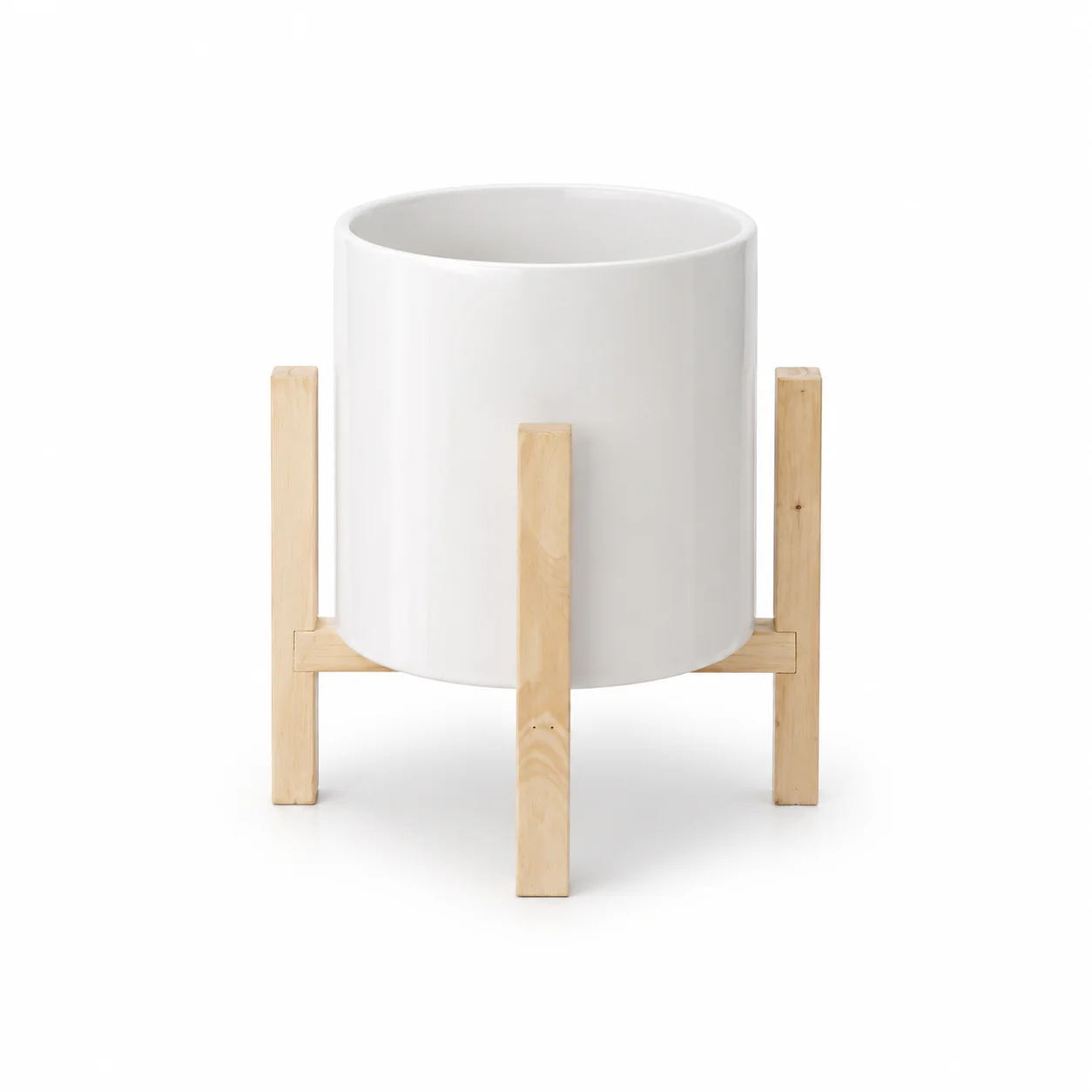 White ceramic planter on wooden stand (21 x 20 cm)